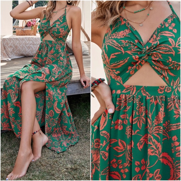 Boho Blue Floral Print Cut out Halter Maxi Dress - Picture 7 of 9